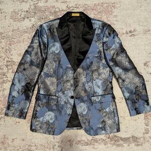 Floral Blue and Black Men's Blazer + Black Dress Shirt Bundle